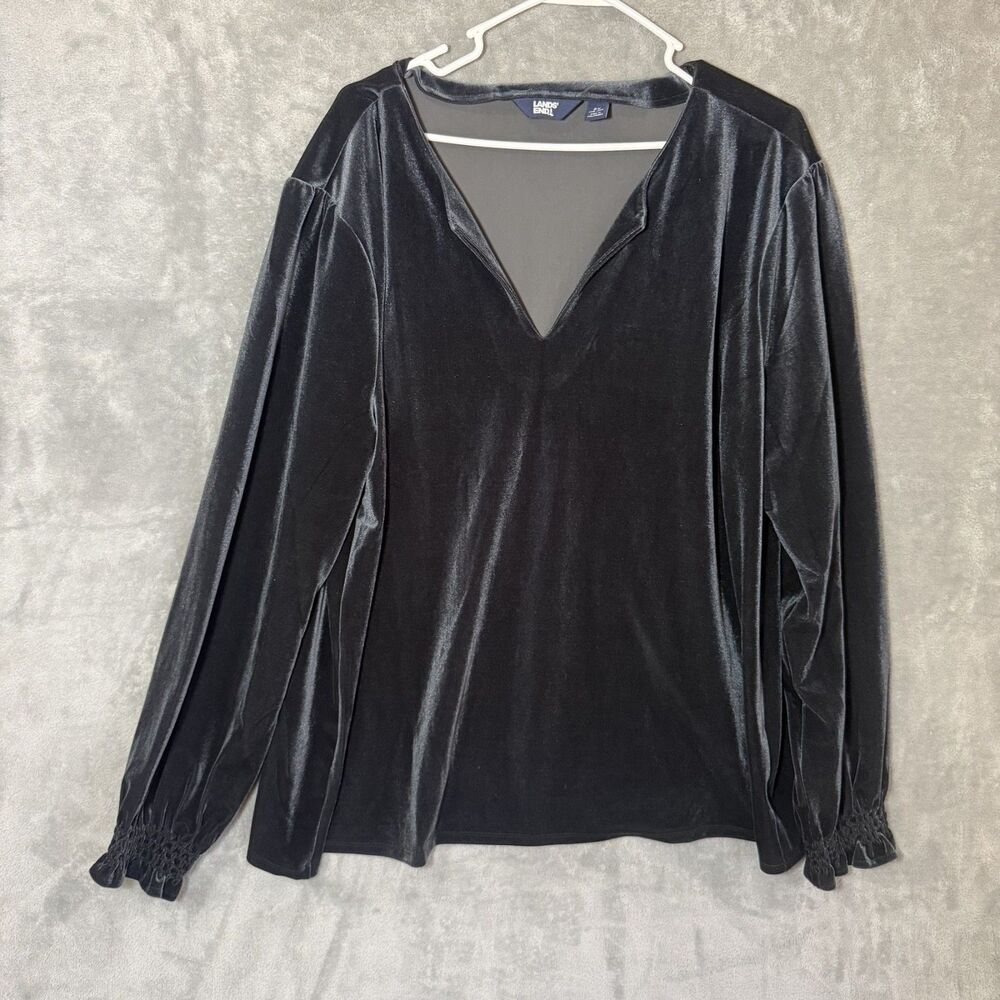 Lands End Womens 2X Black Velvet V Neck Long Sleeve Smocked Cuff Blouse Top READ